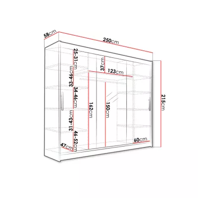 Velká šatní skříň se zrcadlem 250 cm HORTENSIA 1 - bílá + RGB osvětlení ZDARMA