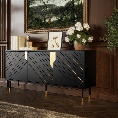 Široká komoda s dvířky do obýváku SACUL 1 - černá / zlatá