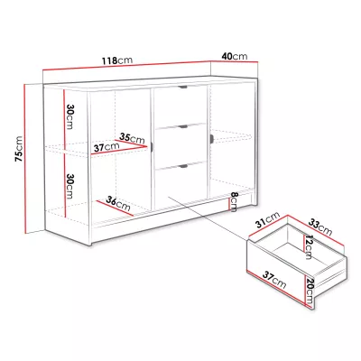 Komoda s dvířky a šuplíky TABORO - bílá velvet