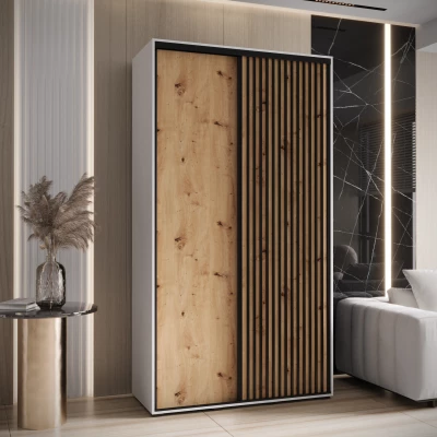 Šatní skříň BAYLIN 1 - 130/60 cm, bílá / dub artisan / černá