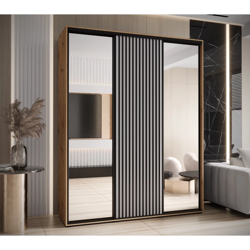 Šatní skříň BAYLIN 2 - 200/60 cm, dub artisan / bílá / černá