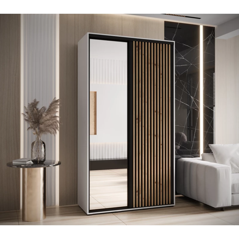 Šatní skříň BAYLIN 2 - 140/60 cm, bílá / černá / dub artisan