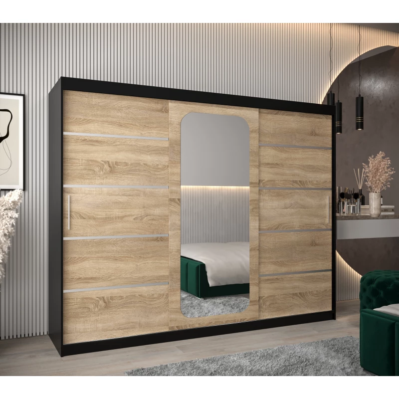 Zrcadlová skříň DONICELA 3 - 250 cm, černá / sonoma