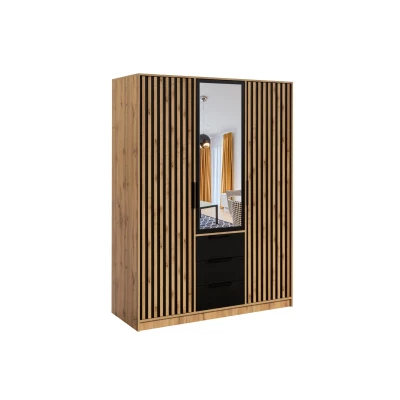 Třídveřová šatní skříň 149 AGNESA se zrcadlem - dub wotan / černá