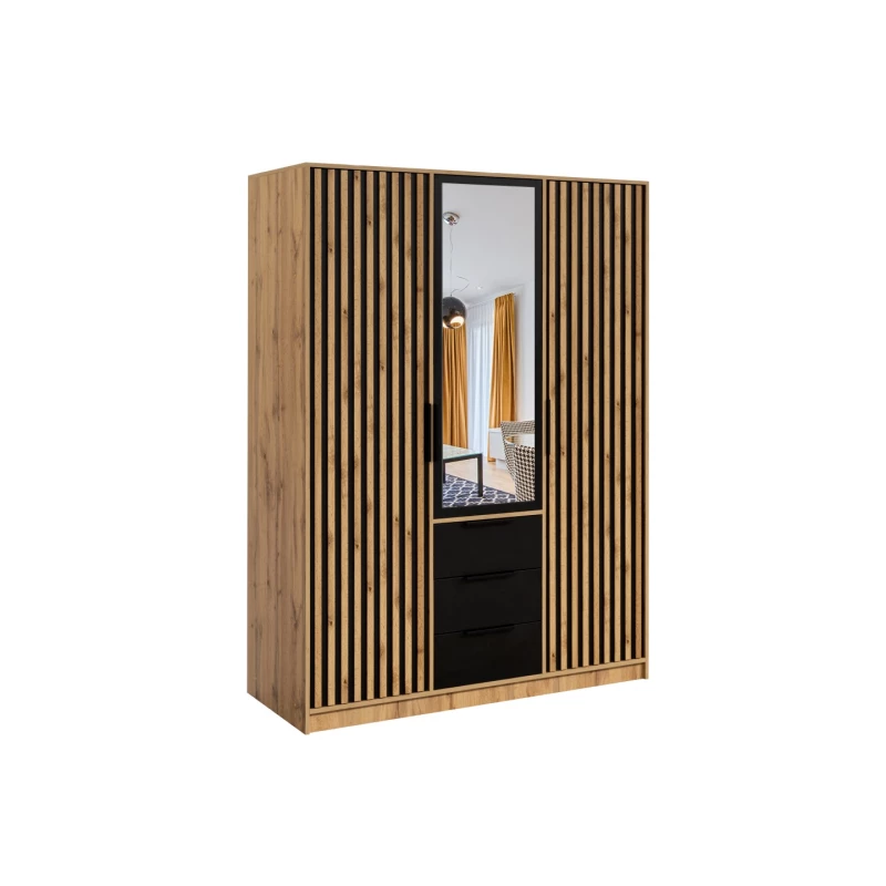 Třídveřová šatní skříň 149 AGNESA se zrcadlem - dub wotan / černá