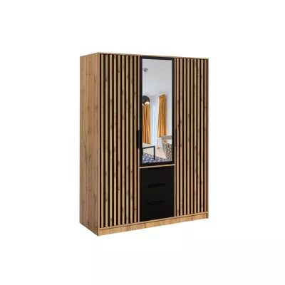 Třídveřová šatní skříň 149 AGNESA se zrcadlem - dub wotan / černá