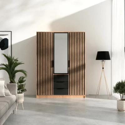 Třídveřová šatní skříň 149 AGNESA se zrcadlem - dub wotan / černá