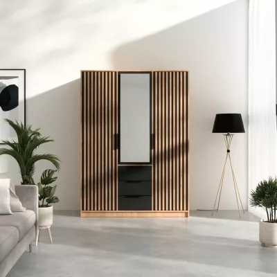 Třídveřová šatní skříň 149 AGNESA se zrcadlem - dub wotan / černá