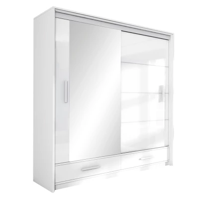 Šatní skříň 208 IREM se zrcadlem - bílá / lesklá bílá