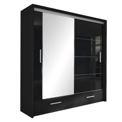 Šatní skříň 208 IREM se zrcadlem - černá / lesklá černá