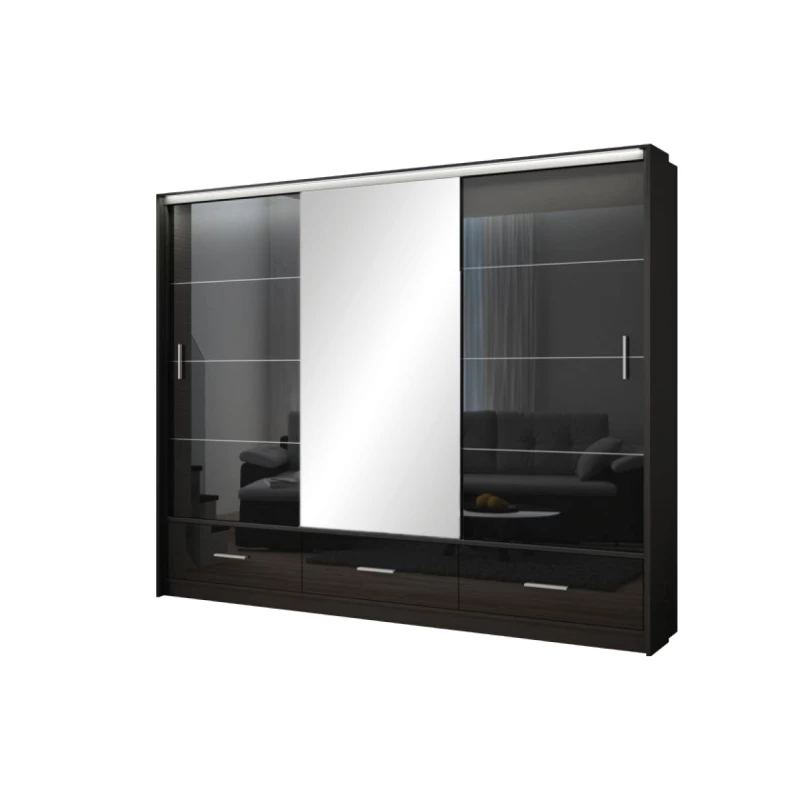 Šatní skříň 255 IREM se zrcadlem - černá / lesklá černá