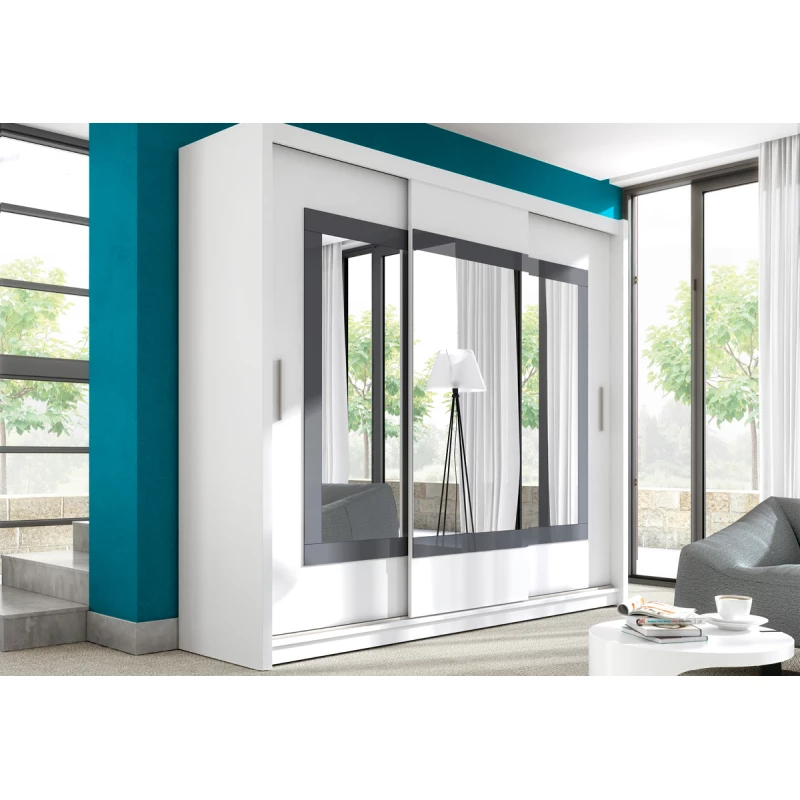 Šatní skříň 250 KLAUDIE s posuvnými dveřmi - bílá / grafitové sklo