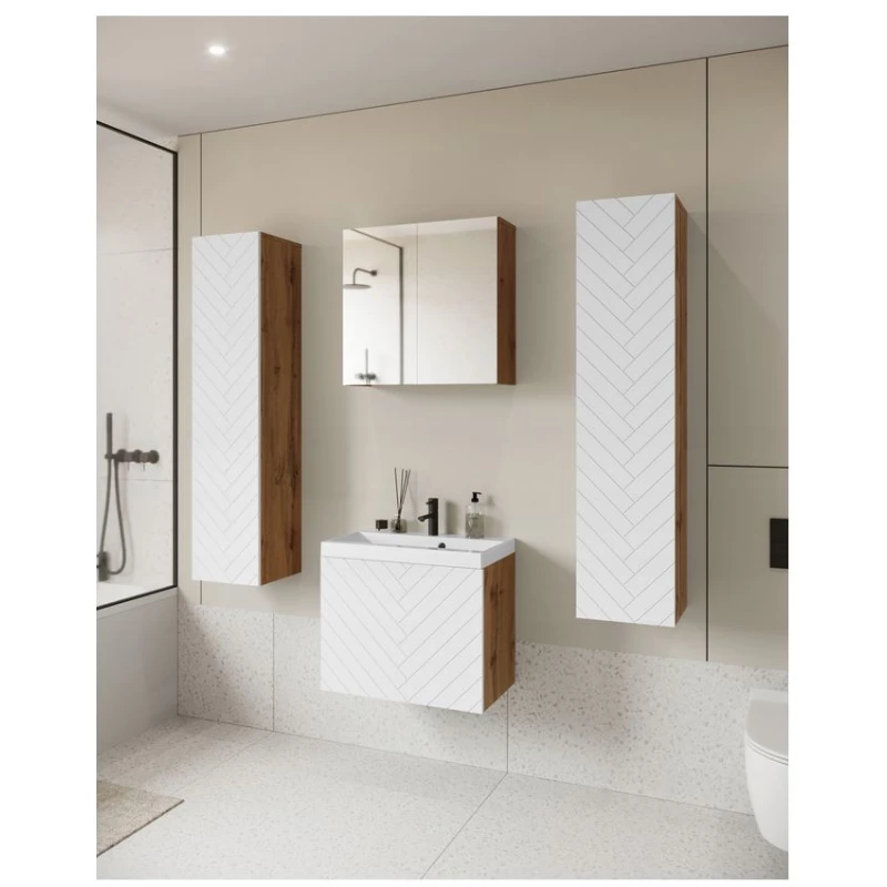 Koupelnový set se zrcadlem IZORIA XL 1 - dub wotan / bílá + umyvadlo ZDARMA