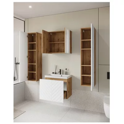 Koupelnový set se zrcadlem IZORIA XL 1 - dub wotan / bílá + umyvadlo ZDARMA