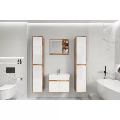 Sestava do koupelny se zrcadlem BRAZORIA - dub wotan / lesklá bílá + umyvadlo ZDARMA
