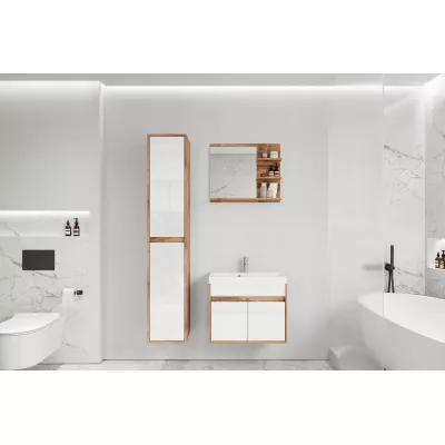 Stěna do koupelny se zrcadlem BRAZORIA - dub wotan / lesklá bílá + umyvadlo ZDARMA
