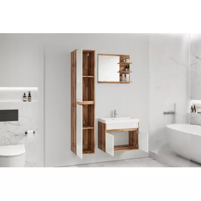 Stěna do koupelny se zrcadlem BRAZORIA - dub wotan / lesklá bílá + umyvadlo ZDARMA