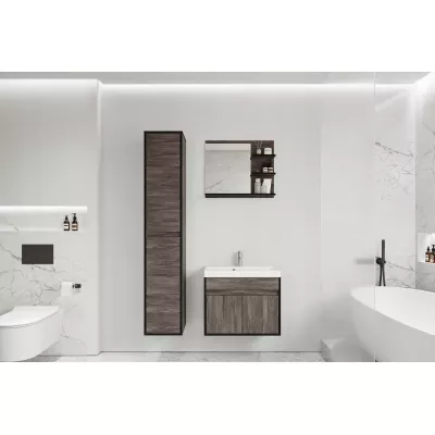 Stěna do koupelny se zrcadlem BRAZORIA - šedý modřín bodega / černý grafit + umyvadlo ZDARMA