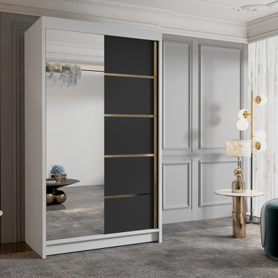 Šatní skříň se zrcadlem MILINA - 100 cm, bílá / černá