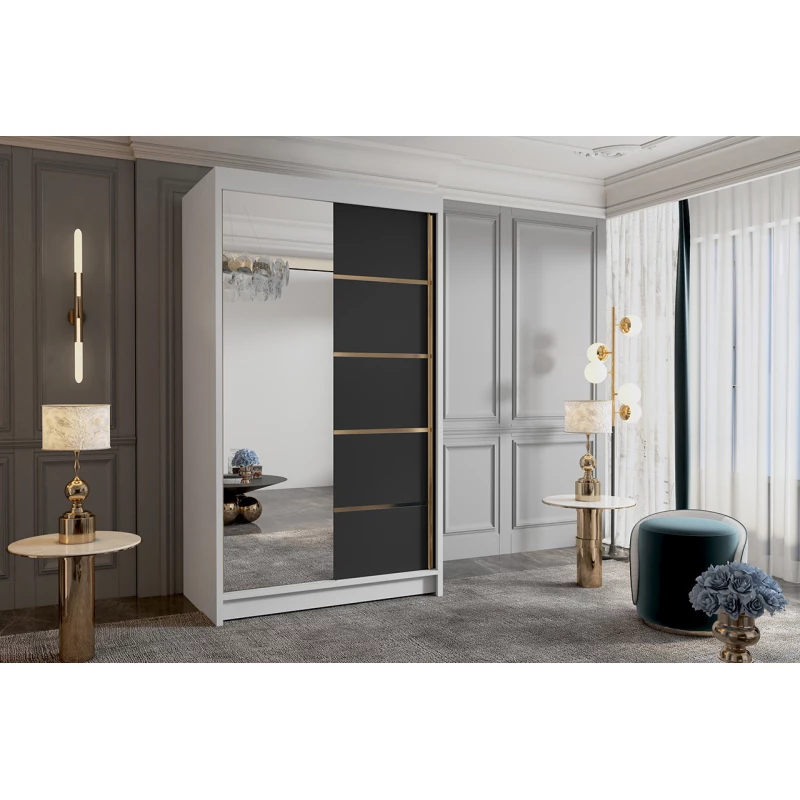 Šatní skříň se zrcadlem MILINA - 100 cm, bílá / černá