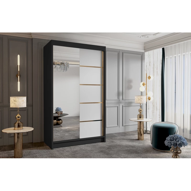 Šatní skříň se zrcadlem MILINA - 100 cm, černá / bílá