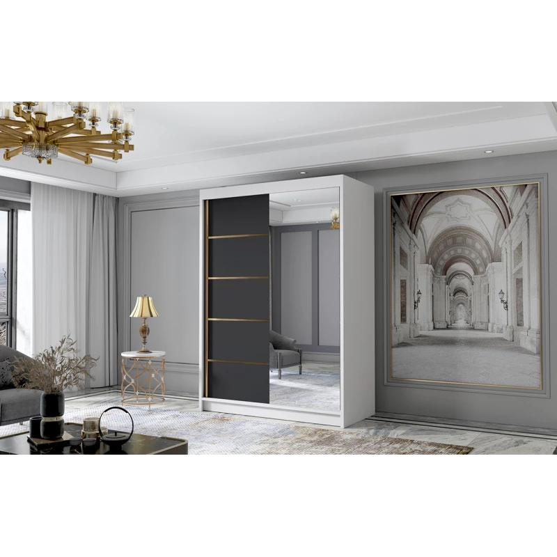 Šatní skříň se zrcadlem MILINA - 120 cm, bílá / černá