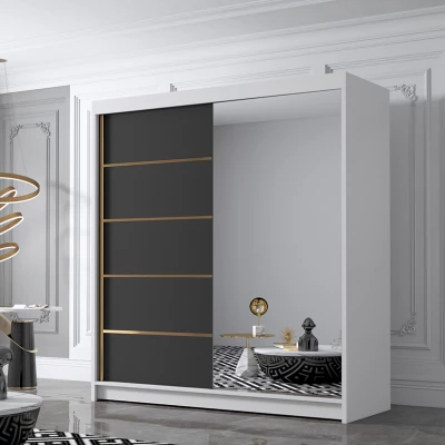 Šatní skříň se zrcadlem MILINA - 180 cm, bílá / černá