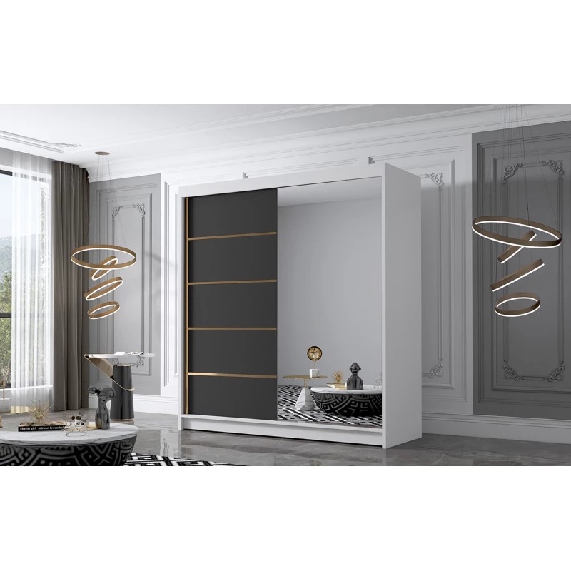 Šatní skříň se zrcadlem MILINA - 180 cm, bílá / černá