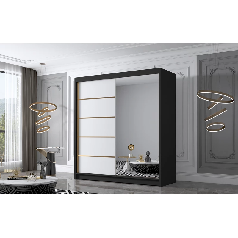 Šatní skříň se zrcadlem MILINA - 180 cm, černá / bílá