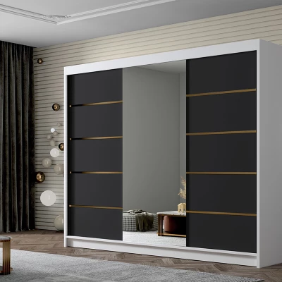 Šatní skříň se zrcadlem MILINA - 250 cm, bílá / černá