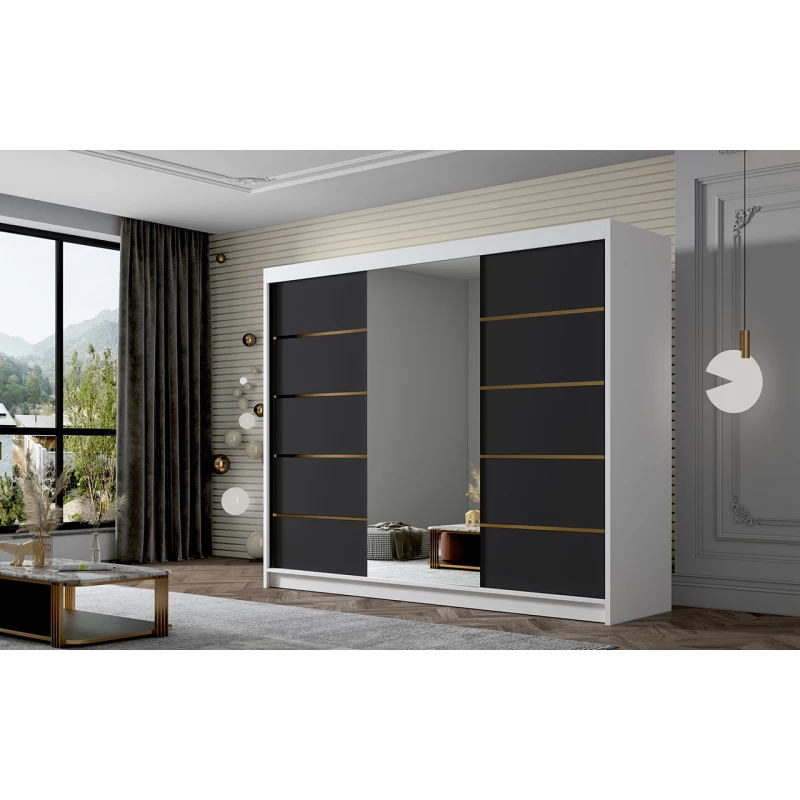 Šatní skříň se zrcadlem MILINA - 250 cm, bílá / černá