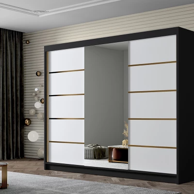Šatní skříň se zrcadlem MILINA - 250 cm, černá / bílá