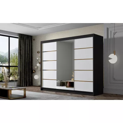 Šatní skříň se zrcadlem MILINA - 250 cm, černá / bílá