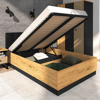 Jednolůžková postel 120x200 SABEL s úložným prostorem - černá / dub craft zlatý