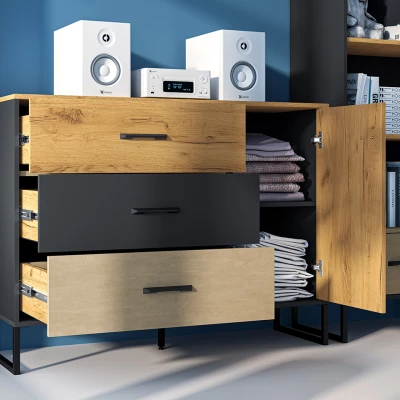 Kombinovaná komoda SABEL - černá / dub craft zlatý