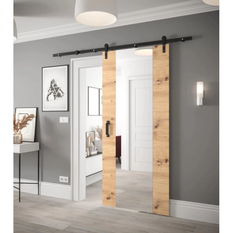 Posuvné dveře s kováním a zrcadlem LEONTINA 2 - 90 cm, dub artisan