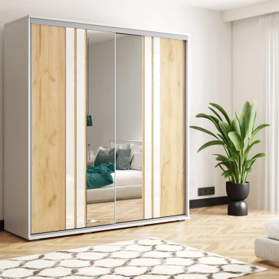 Šatní skříň 175/215 PAISLEY se zrcadly - bílá / dub craft zlatý