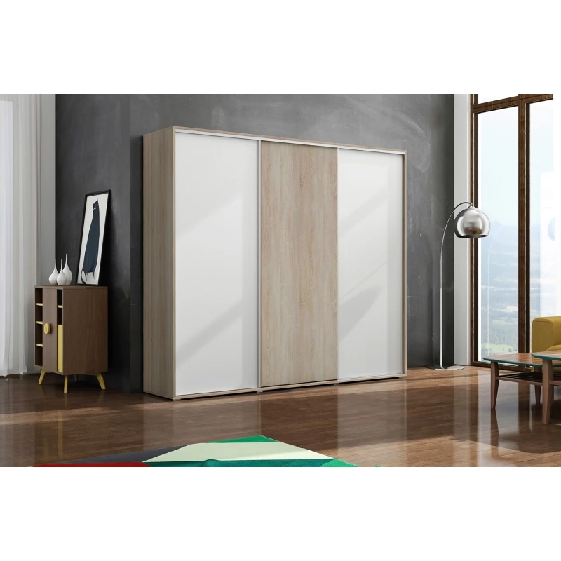 Třídveřová šatní skříň 250/215 LEO - dub sonoma / bílá