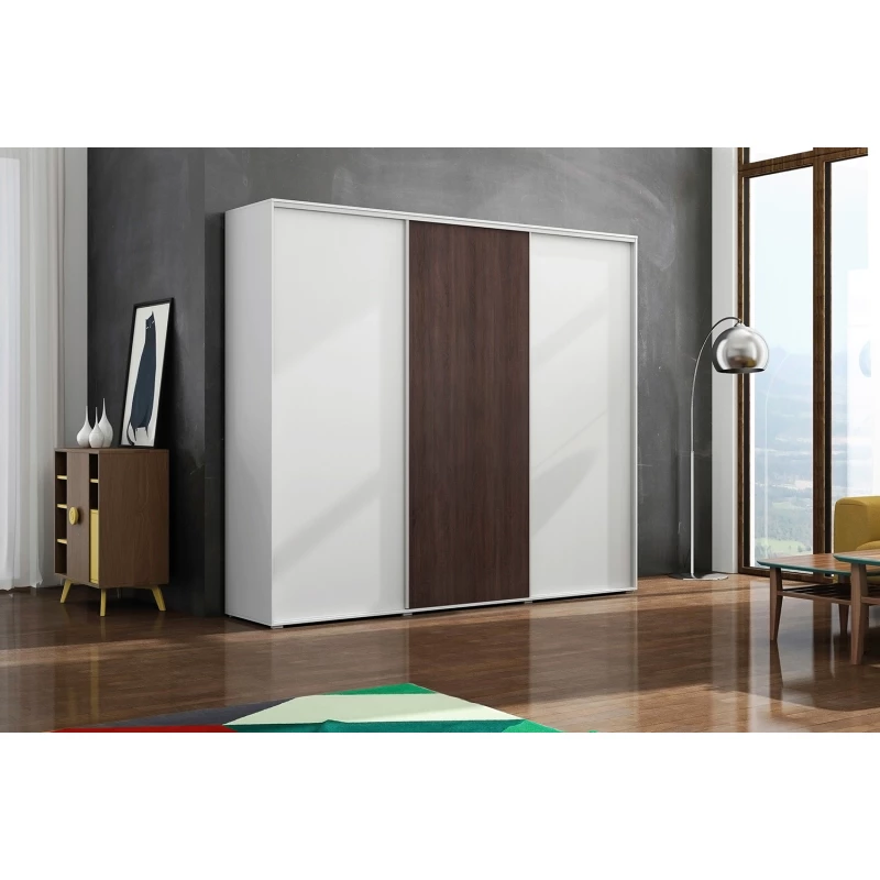 Třídveřová šatní skříň 278/215 LEO - bílá / čokoláda