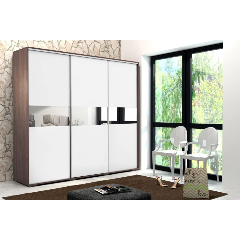 Šatní skříň 250/215 LUIS se zrcadlem - čokoláda / bílá