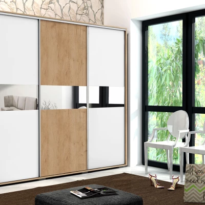 Šatní skříň 250/215 LUIS se zrcadlem - dub craft zlatý / bílá / dub craft zlatý