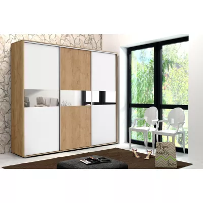 Šatní skříň 250/215 LUIS se zrcadlem - dub craft zlatý / bílá / dub craft zlatý