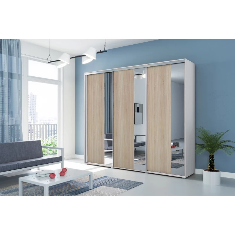 Třídveřová šatní skříň 250/215 MARCO - bílá / dub sonoma