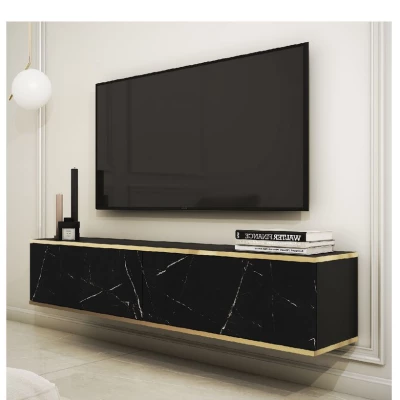 Televizní stolek REFUGIO - 135 cm, černý mramor / černý