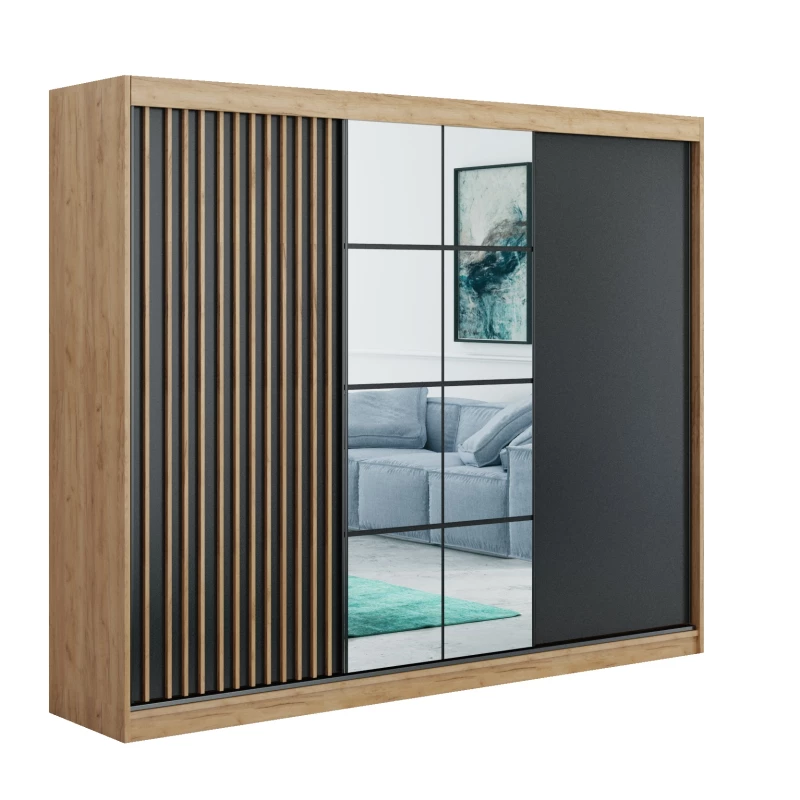 Šatní skříň 250 NEVENA s posuvnými dveřmi - dub craft zlatý / černá