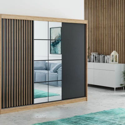 Šatní skříň 250 NEVENA s posuvnými dveřmi - dub craft zlatý / černá