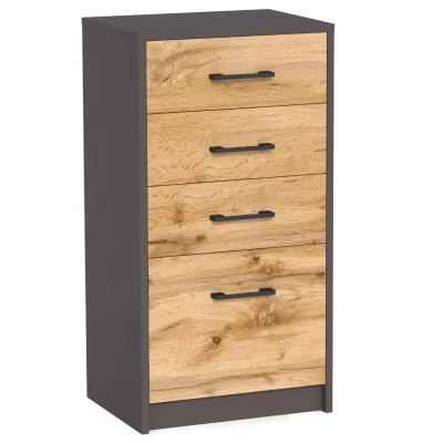 Úzká šuplíková komoda IBOJA - grafitová / dub wotan