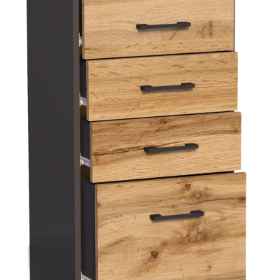 Úzká šuplíková komoda IBOJA - grafitová / dub wotan