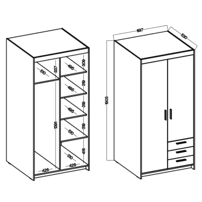 Dvoudveřová skříň 90 PILINA se šuplíky - bílá