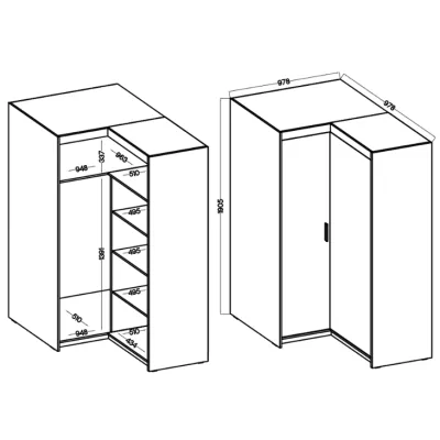 Rohová skříň 98 PILINA s policemi - dub lefkas